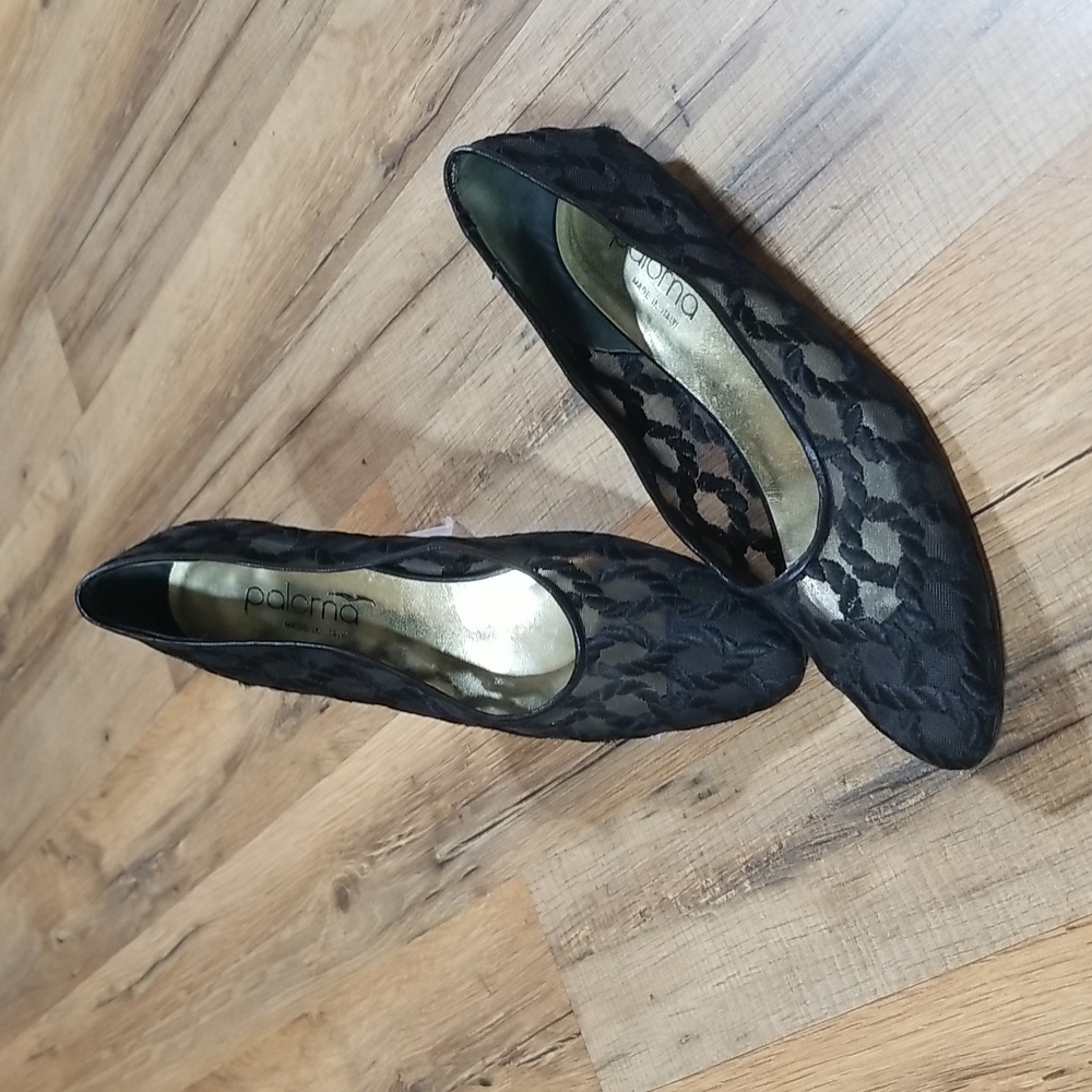 Vtg PALOMA Made in Italy Black Lace/Embroidered Mesh Flat Ballet Slipper Shoe